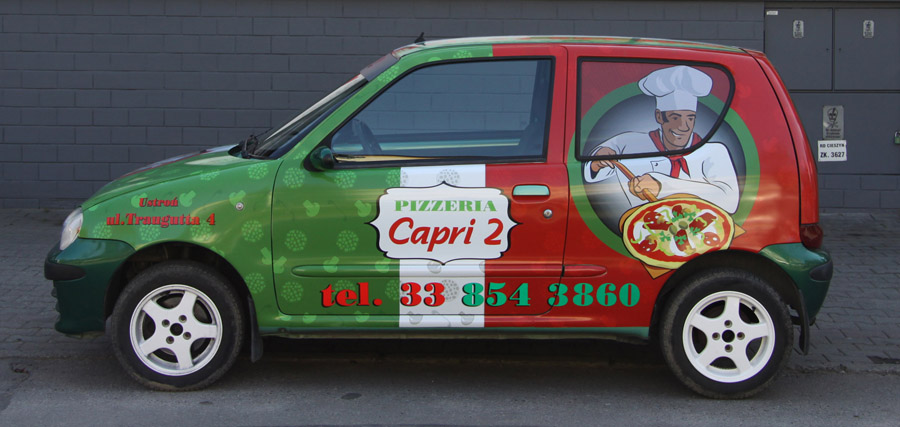 Projekt i oklejanie samochodu z pizzerni folia laminowana z wydrukiem + folia one way vision 2014